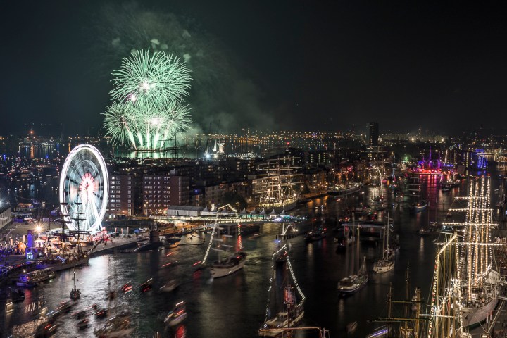 a boat docked at night